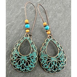 Boho Filigree Scalloped Teardrop Copper Alloy Earrings with Turquoise Patina